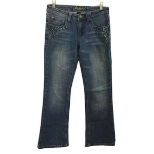 Juniors Southpole Boot Cut Medium Wash Flap Pocket Jeans with Rhinestone Bling 7